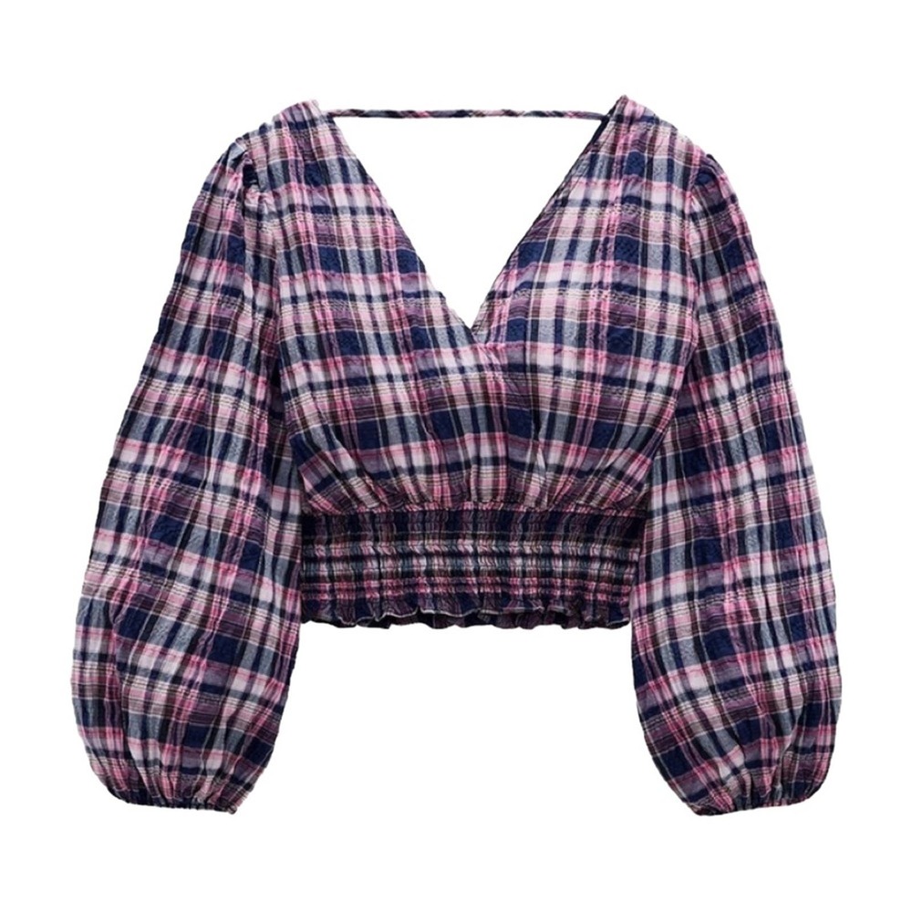 Zara Plaid Check Balloon Sleeve Smocked V-Neck Cropped Blouse Top